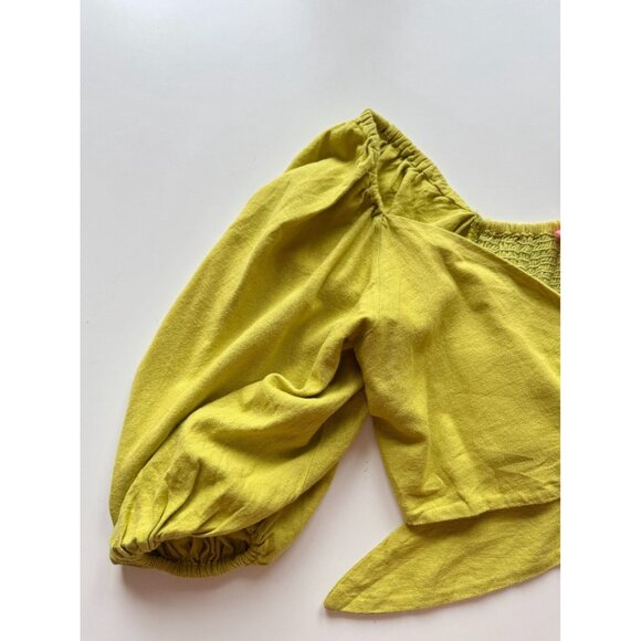 FARM RIO Chartreuse Green Linen Front Tie Puff Sleeve Crop Top Blouse, Size PP - Picture 11 of 15